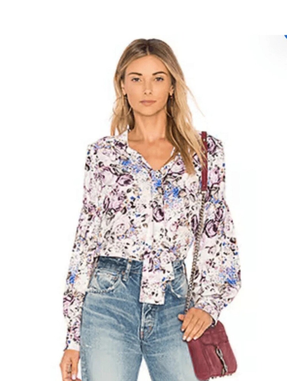Parker Elosia Floral Tie-Neck 100% Silk Blouse in White Tahlia Lavender-Sz L